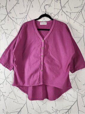 Ezze Wear Pink Cotton Slub Gauze Button Front High Low Blouse